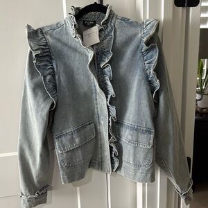 Denim zip and/or button ruffle sleeved, collared, and shouldered jacket
